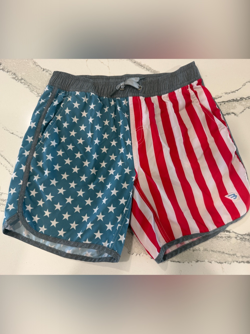 BURLEBO Kids Swim Trunks - Blue Stars & Red Stripes